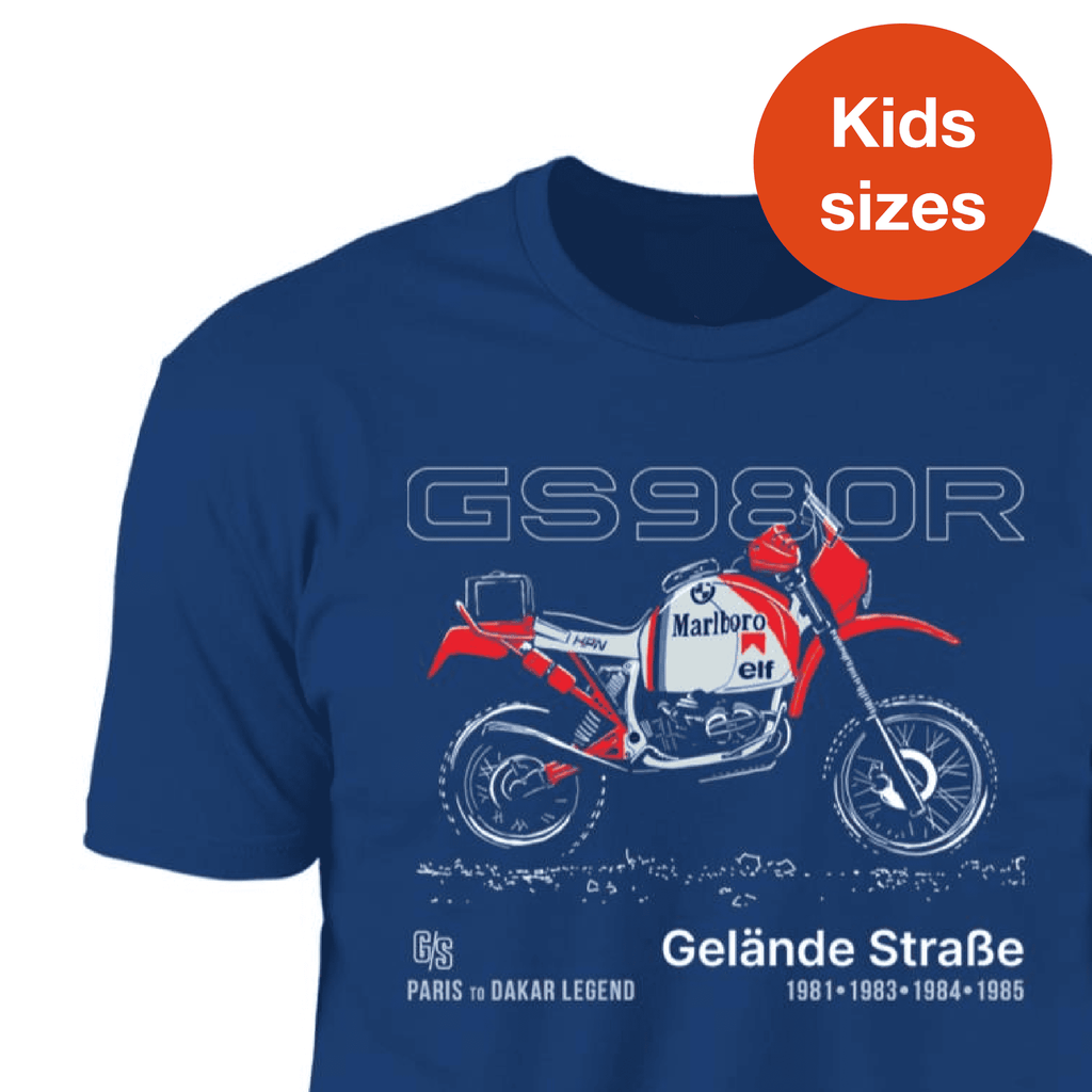 BMW GS980R, Kids Motorcycle T-shirt, Vintage Rally Dirt Bike, Bold Design