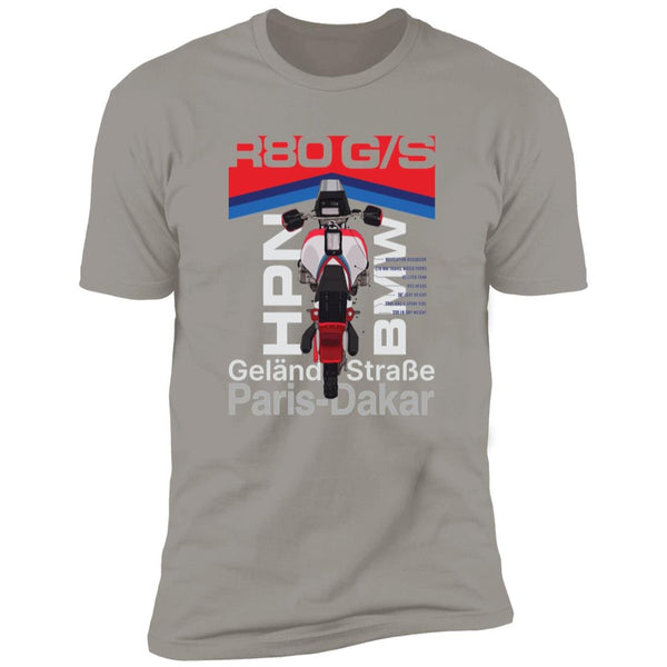 BMW R80GS, Motorcycle Specs T-shirt, Vintage '80s HPN Dakar, Hand-drawn