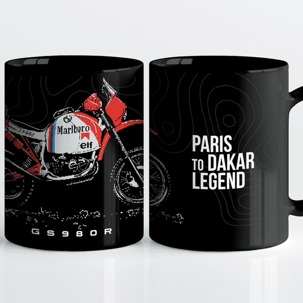 BMW GS980R, rally Motorcycle Mug, Paris to Dakar legend, Marlboro graphic