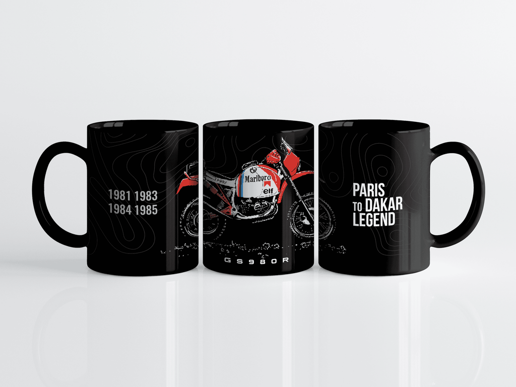 BMW GS980R, rally Motorcycle Mug, Paris to Dakar legend, Marlboro graphic
