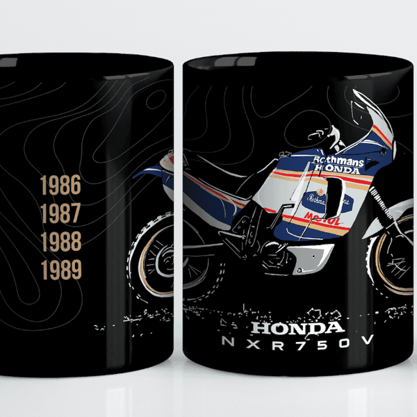Vintage Africa Twin, Motorcycle Mug, 1980s rally legend, Hand-sketched