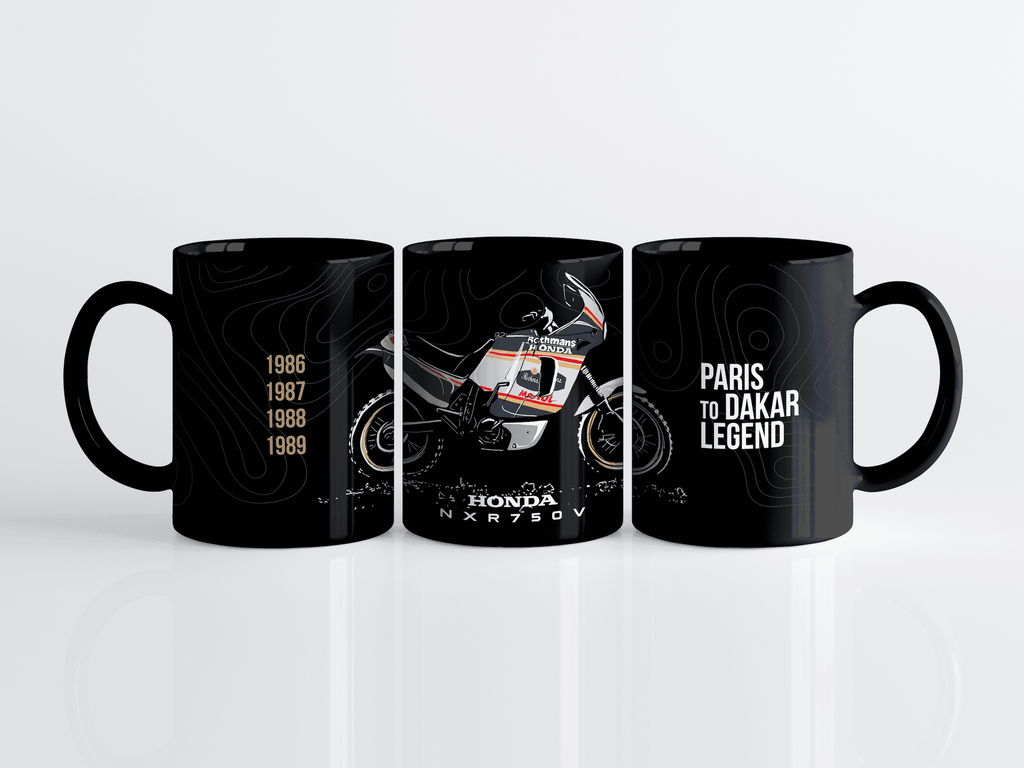 Vintage Africa Twin, Motorcycle Mug, 1980s rally legend, Hand-sketched