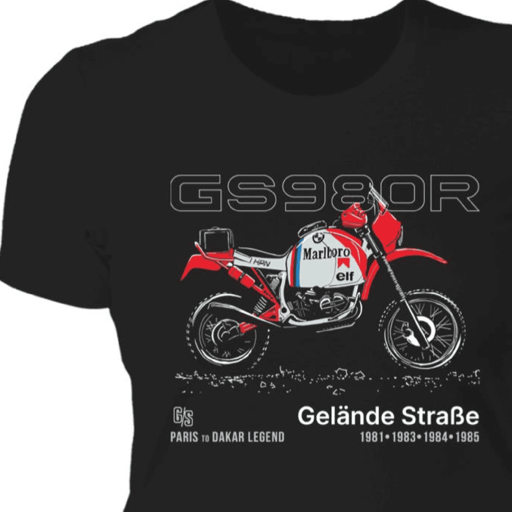 BMW GS980R, Women's T-shirt, Vintage Rally Motorcycle, Paris to Dakar