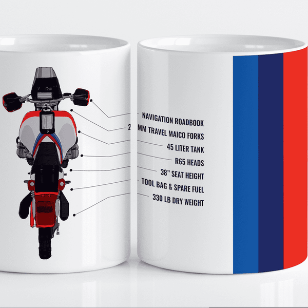BMW R80GS, Motorcycle Mug, Specs, Parts, 1981 HPN Dakar, Hand-drawn