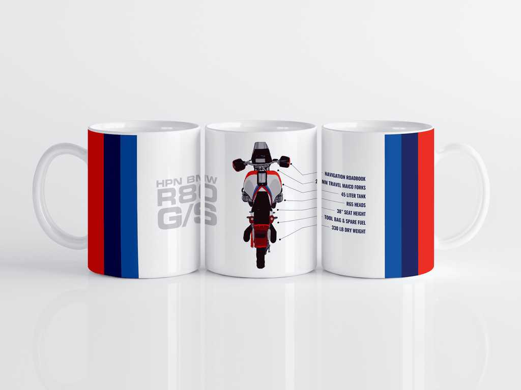 BMW R80GS, Motorcycle Mug, Specs, Parts, 1981 HPN Dakar, Hand-drawn