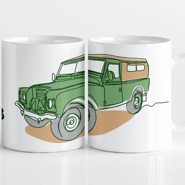 Vintage British Defender 3, Mug, Overland 4x4, One Line art in Color