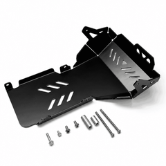 Cannonball Moto Skid Plate for the Indian FTR 1200, black aluminum plate with spacers and mounting hardware