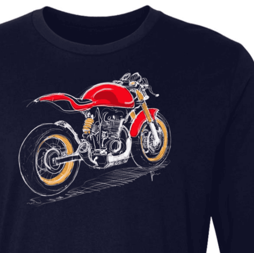 Red Scrambler, Motorcycle T-shirt, Long Sleeve, Hand-drawn, Cotton