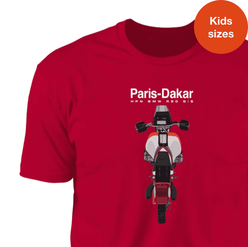 BMW R80GS, Kid's Motorcycle T-shirt, Legendary Rally Bike, Top-view art