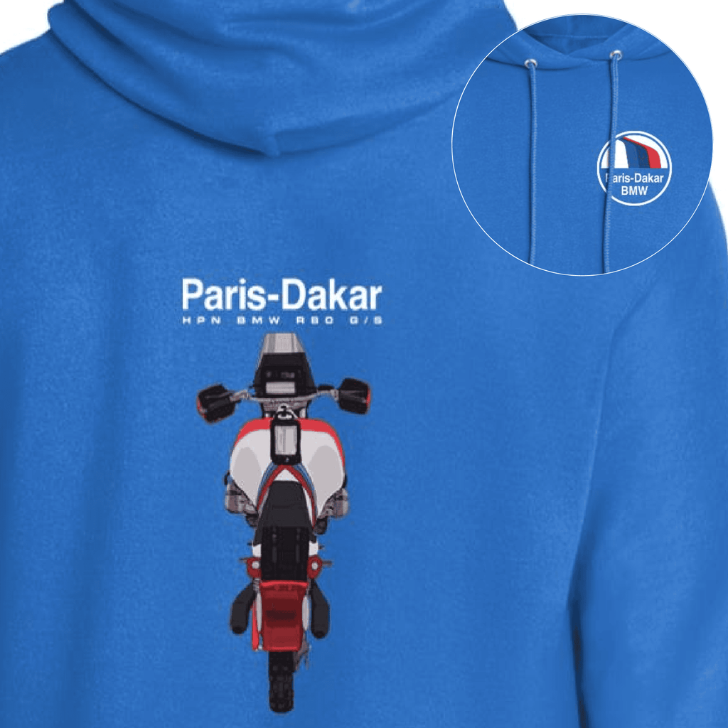 BMW R80GS, Hoodie, 1980s HPN Rally Motorcycle, Top view, 2-Sided Print