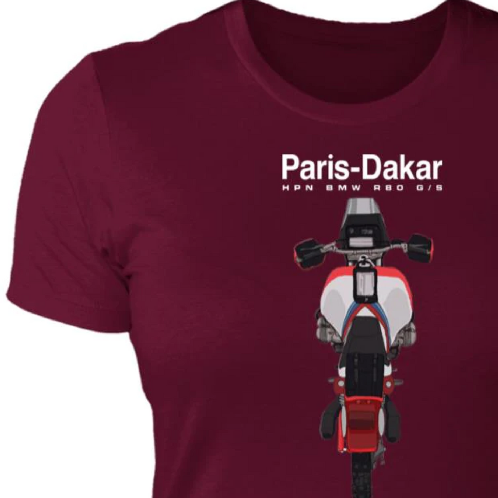 BMW R80GS, Women Motorcycle T-shirt, HPN, Paris PD Rally, Top view