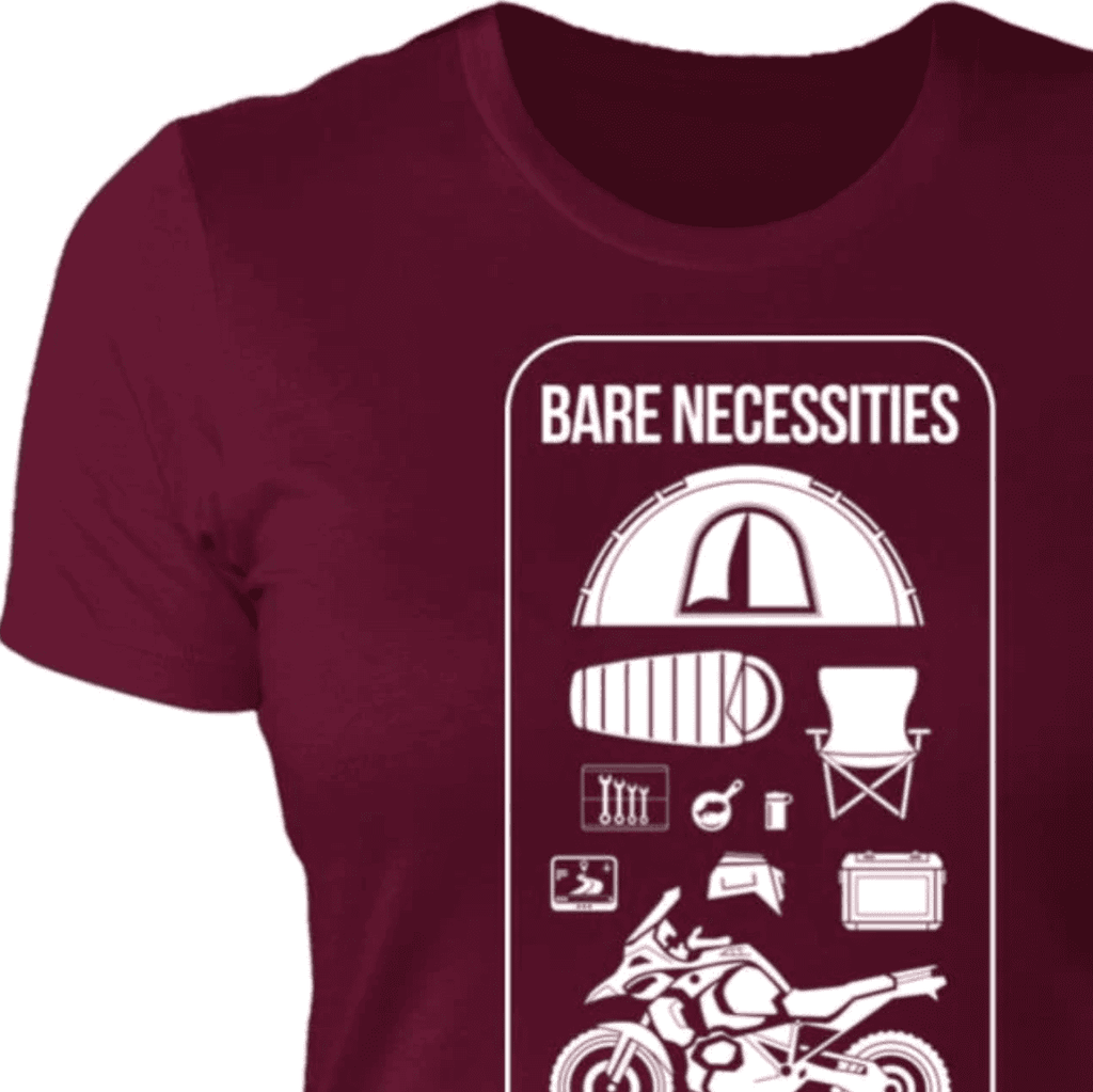 Bare Necessities, Women T-shirt, Adventure Moto Camping, Icons
