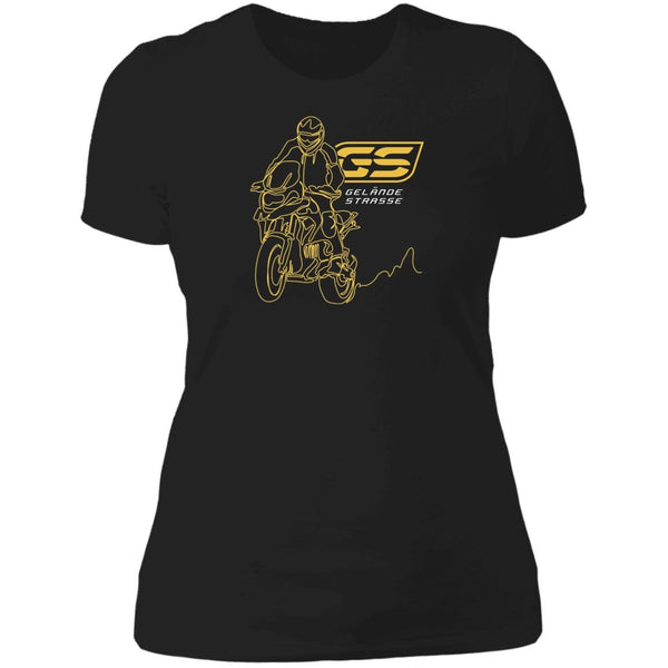 From Cannonball Adventure. This black Women's fit t-shirt shows a BMW adventure motorcycle with rider standing on the foot pegs. The art is created in one, single line of the artist's pen. Text includes  German words 