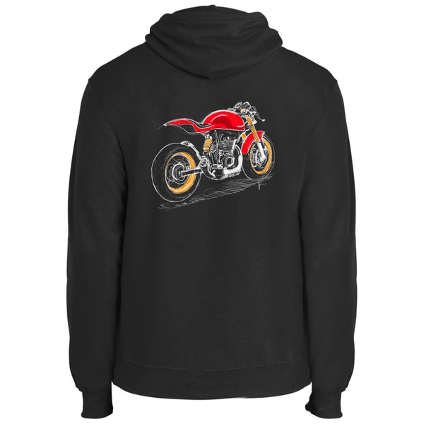 Red Scrambler, Hoodie, Motorcycle, Hand-sketched, bold design