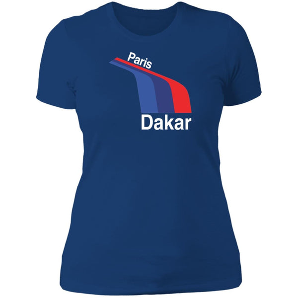 From Cannonball Adventure. Women's T-shirt with the BMW motorcycle 1985 art for the Paris-Dakar rally. Modern 3 color-stripe design with royal blue, darker blue, and red. Words 