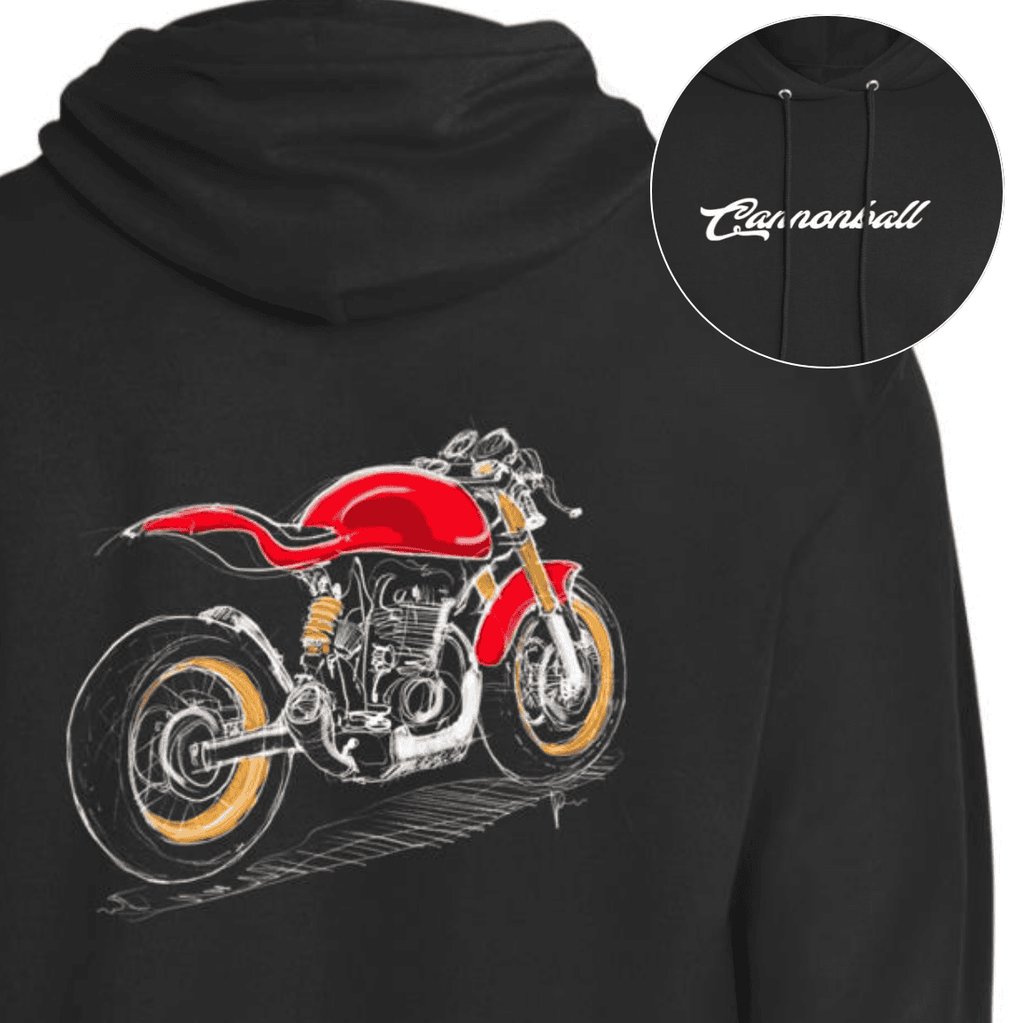 Red Scrambler, Hoodie, Motorcycle, Hand-sketched, bold design