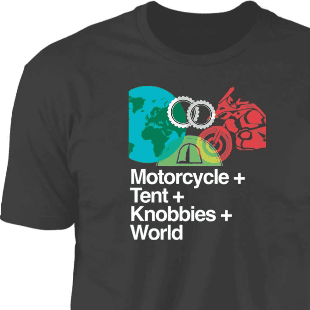 BMW Motorcycle Adventure, T-shirt, Knobbies, Tent, World Travel