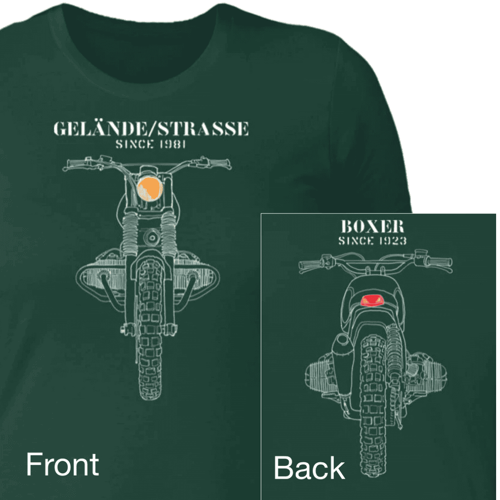 Image of both front and back of BMW adventure motorcycle t-shirt with 2 hand-drawn sketches of the classic airhead boxer engine. (This is Women's Short Sleeve). White sketch on forest green t-shirt with front headlight in yellow and tail light in red. Front view shows moto coming towards you, with Back view of moto on the shirt back. Women's fit shirt is curvier and perfect length.